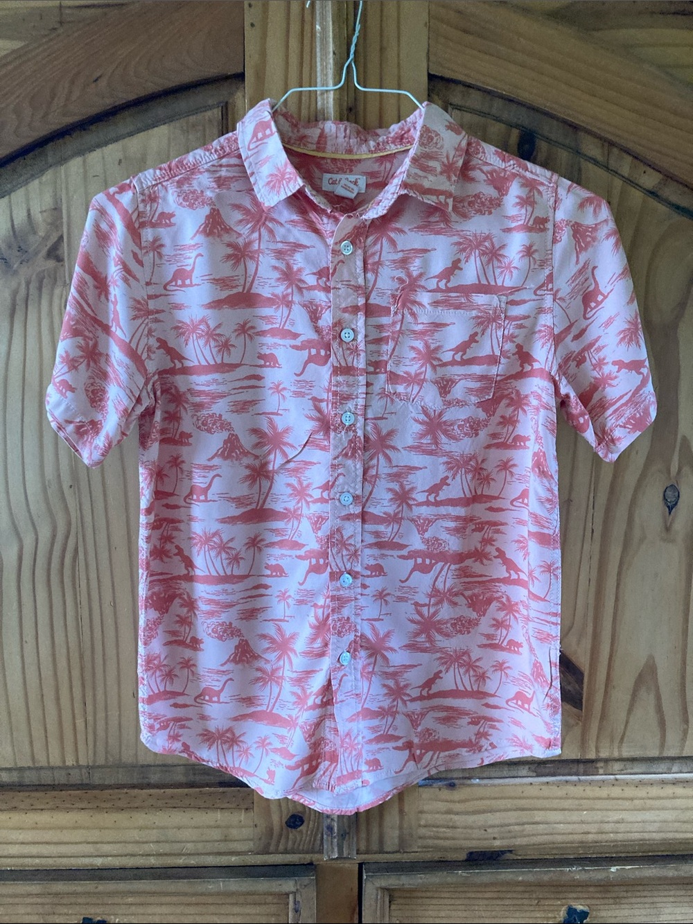 Cat & Jack orange pink dinosaur short sleeve button down shirt size L (12/14)